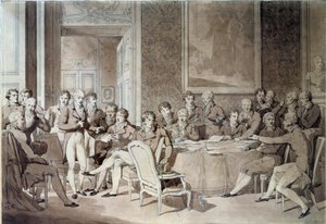 مؤتمر فيينا (1814-1815) عقب معاهدة باريس عام 1814. أعاد توحيد القوى العالمية الثماني وسعى إلى إعادة تحديد الحدود بعد سقوط إمبراطورية نابليون الأول ألكسندر الأول ، قيصر روسيا ؛ إتش آر ستيوارت ، كاسلريه ؛ فرانسوا جوزيف الأول ،