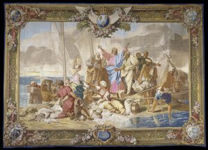 "" La Peche miraculeuse "" جدار العهد الجديد معلق من الصوف والحرير ، مصنع Royal des Gobelins ، ورشة جان لوفيفر ، بعد جان جوفينيه (1644-1717) بواسطة جان بابتيست جوفينيه