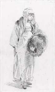 امرأة روسية ذات غطاء من الفرو على غرار Le Prince ، جان بابتيست (1734-1781) ، بين 1758 و 1761 - طباشير أسود على الورق ، 22،9 × 13،8 - مجموعة خاصة بواسطة جان بابتيست لو برنس