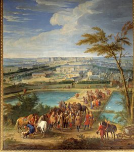 View of the city and the castle of Versailles taken from the hill of montbauron, Louis XIV (1638-1715) and Francois Michel le Tellier, Marquis de Louvois visit the new reservoirs Painting by Jean-Baptiste Martin (the Elder) (1659-1735) 17th century Sun. 2, بواسطة جان بابتيست مارتن