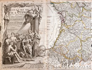 خريطة جوين وجاسكوني ، مع صورة لويس الرابع عشر (1638-1715) محاطة بشخصيات استعادية بواسطة جان بابتيست نولين