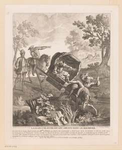 تحمل عربة الخيول يسقط في الماء La Rancune en stretcher abbatu dans le bourbier (العنوان على الكائن) مشاهد من الكوميديا ​​الرومانية سكارون (عنوان المسلسل) بواسطة غابرييل هوكير