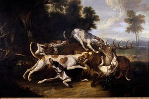 L'hallali du deer كلاب صيد تنهي غزالًا - رسم جان بابتيست أودري (1686-1755) القرن الثامن عشر الشمس 2،35x3،26 م باو ، متحف الفنون الجميلة