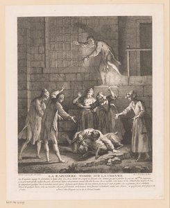 رجل valt bovenop een geit يقع La Rapinière على الماعز (العنوان على الكائن) مشاهد من رومان كوميك فان سكارون (عنوان المسلسل) بواسطة غابرييل هوكير