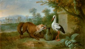 الثعلب واللقلق رسم توضيحي لخرافة جان دي لا فونتين. رسم جان بابتيست أودري (1686-1755) 1751. ميتز ، متحف الفنون الجميلة