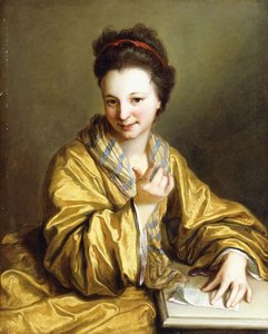 سيدة شابة ، ترتدي رداءًا أصفر ، تجلس على طاولة ، Beckoning ، 1703 بواسطة جان بابتيست سانتيري