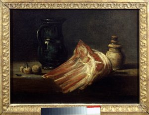 طاولة المطبخ والأواني مع مربع الأغنام. اللوحة بواسطة جان بابتيست سيميون شاردان بواسطة جان بابتيست سيميون شاردان