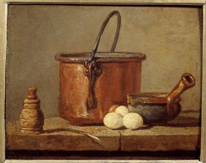 أواني المطبخ ، المرجل ، البويلون والبيض لوحة بواسطة جان بابسيت سيميون شاردان (1699-1779) القرن الثامن عشر. 0،21x0،17 م بواسطة جان بابتيست سيميون شاردان
