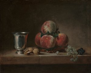 لا تزال الحياة مع الخوخ ، كأس فضي ، عنب ، وجوز ، حوالي 1759-60 (زيت على قماش) بواسطة جان بابتيست سيميون شاردان