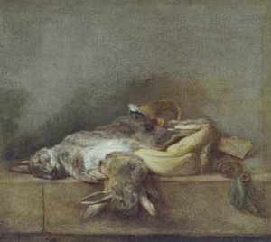 الحياة الساكنة مع الأرانب ، Gamebag والقرن الوردي ، c.1755 بواسطة جان بابتيست سيميون شاردان