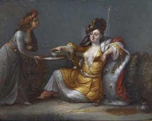 "" السلطان تأخذ قهوتها "(سلطانة تتناول القهوة) لوحة من مدرسة جان بابتيست (جان بابتيست) فانمور (فان مور) (1671-1737) مجموعة خاصة بواسطة جان بابتيست فانمور