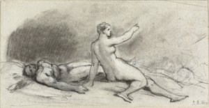 امرأة عارية تجلس مع رجل عاري نائم (وجه) ؛ منظر جذع الأنثى من الخلف (ظهر) بواسطة جان بيرود