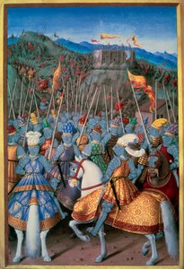 الحروب الإيطالية: هاجم الملك لويس الثاني عشر (1462-1515) الجينات مع قواته في عام 1507. صورة مصغرة من "Le voyage dee Genes" لجين مارو (1450-1526) قام بتنويرها جان بورديكون (1457-1521) 1510 Paris، B.N. بواسطة جان بورديشون
