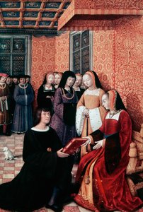 The poet Jean Marot (1450-1526) handing over his work Voyage to Genoa to Anne of Brittany (1477-1514), ca 1508, miniature by Jean Bourdichon (1457-1521). France بواسطة جان بورديشون