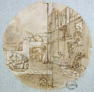 ورشة ماسون ، تصميم لوحة لخدمة تصور الحرف المختلفة ، c.1820-35 (قلم وحبر وغسل وغواش على ورق) بواسطة جان تشارلز Develly