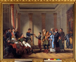 جمعية خيرية للإمبراطور نابليون الأول (1769-1821) خلال الحملة البولندية في يناير 1807: منح الإمبراطور معاشًا تقاعديًا قدره مائة نابليون إلى نيروكي ، في سن 117 رسم لجون تشارلز تارديو (1765-1830) القرن التاسع عشر. 1،15 × 1،46 م - العمل الخيري للإمبراطورية