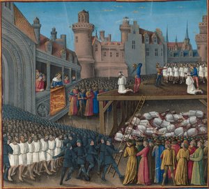 مذبحة الأسرى المسلمون ، بأمر من الملك ريتشارد قلب الأسد ، 1191 ، 1474-1475. بواسطة جان كولوم