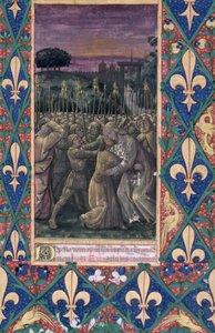 السيدة لات. QvI126 f.100 قبلة يهوذا ، من "كتاب ساعات لويس دورليانز" ، ١٤٦٩ بواسطة جان كولوم