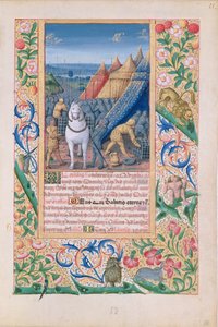 السيدة لات. QvI126 f.52 الآشوريون يفرون من معسكرهم في حالة من الذعر ، من "كتاب ساعات لويس دورليانز" ، ١٤٦٩ بواسطة جان كولوم