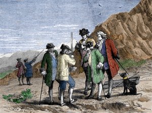 فلورين بيرييه قياس ارتفاع بارومتر (أنبوب الزئبق) من Evangelista Torricelli أو Toricelli أثناء التجربة على جاذبية هواء Blaise Pascal ، في الجزء العلوي من Puy de Dome (1648). نقش يان دارجنت. بواسطة جان إدوارد دارجنت