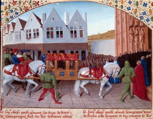 Entrée of Charles IV (1316-1378) الإمبراطور الألماني عام 1378 في سان دوني. صورة مصغرة من "" Grandes Chronicles de France "(الورقة 442). إنلومين بواسطة جان فوكيه (القرن الخامس عشر) بواسطة جان فوكيه