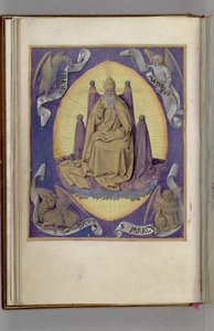 الله الآب مع رموز الإنجيليين الأربعة في الزوايا. كتاب الساعات 1450-1499 بواسطة جان فوكيه