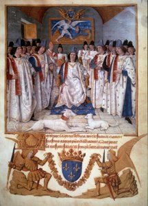 تم عقد فصل من وسام القديس ميشيل حول لويس الحادي عشر (1423-1483) منمنمة من "قوانين وسام سان ميشيل" لجان فوكيه (1420-1481) 1470 باريس ، بي إن بواسطة جان فوكيه