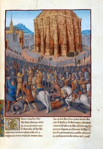 Le siege de Jerusalem par le roi de Babylone Nebuchadnezzar II (604-562 قبل JC) - حصار القدس من قبل نبوخذ نصر الثاني. رسم إيضاحي في فلافيوس جوزيفوس "آثار اليهود" (Antiquitatum Judaicarum) par Fouquet، Jean (1420-1481). الغواش في السلطة الفلسطينية بواسطة جان فوكيه