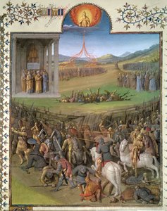 السيدة ف 247 ص 70 معركة العبرانيين ضد الكنعانيين وتأديب قورح والمتمردين ، مثال من كتاب "Antiquites Judaiques" ، 1470 بواسطة جان فوكيه