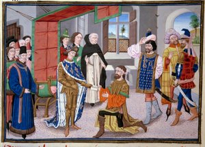 الحملة الصليبية السابعة: ملك فرنسا سانت لويس (أو لويس التاسع) (1214-1270) في نيقوسيا في قبرص حوالي عام 1245. صورة مصغرة من "السجلات الكبرى" لجين فوكيه (1420-1481). باريس ، مكتبة الارسنال بواسطة جان فوكيه