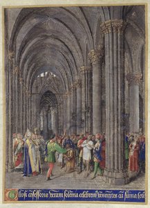 القديس فيران يطرد الحائزين في الممر الشمالي لكاتدرائية نوتردام دو باريس ، من "Heures d&39;Etienne Chevalier" ، 1452-60 بواسطة جان فوكيه