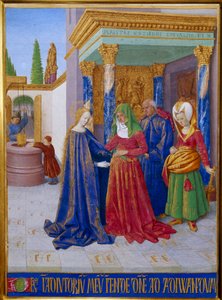 زيارة. لقاء بين العذراء مريم والقديسة إليزابيث. صورة مصغرة في "" Les Hours d'Etienne Chevalier "" لجين فوكيه (1420-1481) بواسطة جان فوكيه