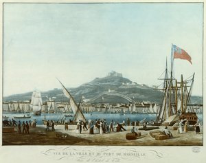 منظر للبلدة وميناء مرسيليا من قاعة المدينة ، c.1815-30 (aquatint)