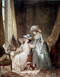 The difficult confession. A servant hearing her mistress. Print by Jean Francois Janinet (1752-1814)