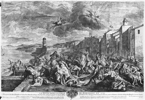 طاعون عام 1720 في مرسيليا ، نقش بواسطة سيمون توماسين (1655-1733) 1727 (نقش) (صورة بالأبيض والأسود) بواسطة جان فرانسوا دي (بعد) تروي
