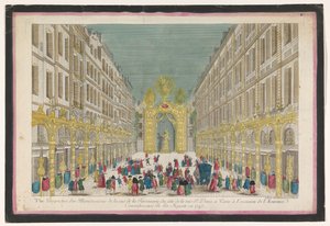 منظر لزخرفة شارع Rue de la Feronnerie في باريس بمناسبة ترميم لويس الخامس عشر ملك فرنسا عام 1745 منظور Vue des Illuminations de la Ruë de la Feronnerie du côté de la Ru St. Denis a Paris (...) (العنوان on o بواسطة جان فرانسوا دومون