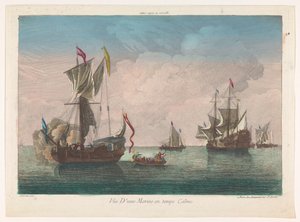 المناظر البحرية مع السفن والقوارب في بحر هادئ الهدوء البحري ودرجات الحرارة (العنوان على الكائن) بواسطة جان فرانسوا دومون