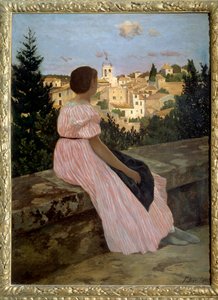 Pink dress or View of Castelnau le Lez (or Castelnau-le-Lez, Herault). Portrait of the artist