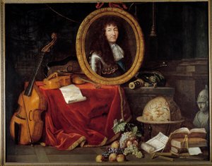 صورة لويس الرابع عشر ملك فرنسا (1638-1715) ، حامي الفنون والعلوم. صورة الملك محاطة بآلات موسيقية (فيولا دي غامبا ، غيتار كمان) وآلات علمية (مربعة ، كرة سماوية ، كومباس). اللوحة جان جا بواسطة جان غارنييه