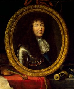 صورة لويس الرابع عشر ملك فرنسا (1638-1715) ، حامي الفنون والعلوم. صورة الملك محاطة بآلات موسيقية (فيولا دي غامبا ، غيتار كمان) وآلات علمية (مربعة ، كرة سماوية ، كومباس). التفاصيل. الطلاء بواسطة بواسطة جان غارنييه