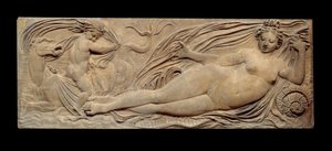 حورية وجني صغير يركبان حصانًا بحريًا ؛ حورية وتريتون محاطان بجنسين صغيرين. الغائر. النحت على الحجر لجين جوجون (1510-1567)