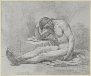 رجل جالس عاريًا ، على الأرض ، وذراعه اليمنى متكئة على كتلة بواسطة جان جراند جان