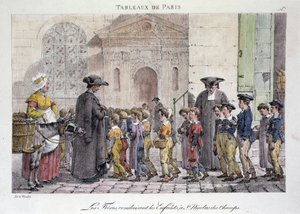 مهنة الشارع القديمة في باريس: ليه فرير يقود الأطفال إلى سانت نيكولا دي تشامب (Saint-Nicolas-des-Champs) ، المدرسة الكاثوليكية - نقش جان هنري مارليت (1771-1847) في سلسلة "Les Tableaux de Paris" من 72 مطبوعة ، أواخر القرن التاسع عشر بواسطة جان هنري مارليت
