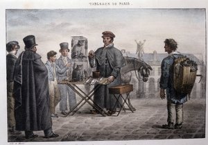 متر شوارع سابق في باريس: تاجر موت الفئران (كاميلوت). نقش جان هنري مارليت (1771-1847) في "" Les Tableaux de Paris "، سلسلة من 72 مطبوعة ، أواخر القرن التاسع عشر. بواسطة جان هنري مارليت