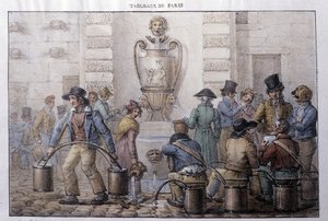 مترو شوارع باريس سابقًا: حاملة مياه أمام نافورة. نقش جان هنري مارليت (1771-1847) في "" Les Tableaux de Paris "، سلسلة من 72 مطبوعة ، أواخر القرن التاسع عشر. بواسطة جان هنري مارليت