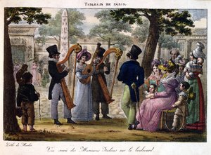 الموسيقيون الإيطاليون يؤدون في شارع في باريس ، من "Tableaux de Paris" ، c.1820 بواسطة جان هنري مارليت