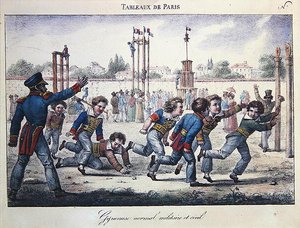 تدريب الرياضة والجمباز للأولاد ، مشهد من سلسلة "Tableaux de Paris" ، حوالي 1820 (لون ليثو) بواسطة جان هنري مارليت