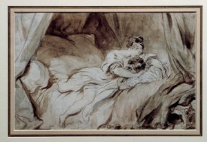The happy moment A couple stroking each other in a bed. Drawing in the Bistre Wash by Jean Honore Fragonard (1732-1806) 18th century Private Collection بواسطة جان هونوري فراجونارد