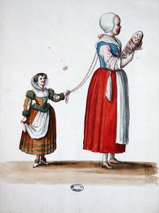 فتاتان صغيرتان ، تصميم زي مسرحي لاحتفالات وحفلات لويس الرابع عشر (ألوان مائية على ورق)