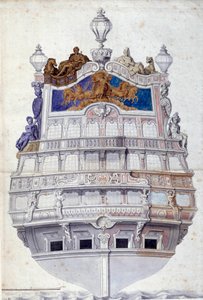 زخرفة مؤخرة السفينة Le Soleil Royal ”” بالألوان المائية بواسطة Jean I Berain (1640-1711) Sun. 0،6x0،4 م باريس ، متحف اللوفر